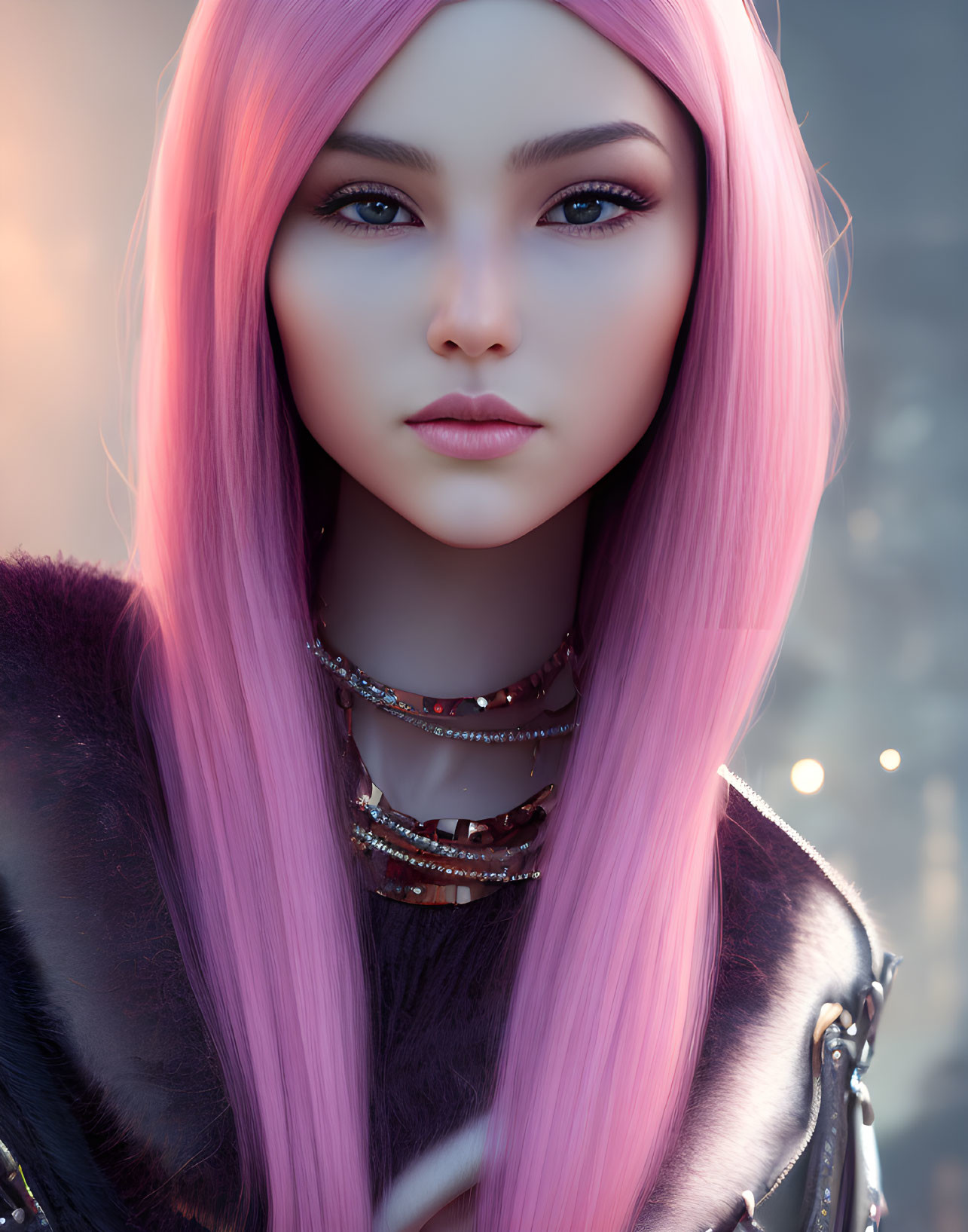 Detailed portrait of female character with long pink hair and expressive eyes in dark outfit.