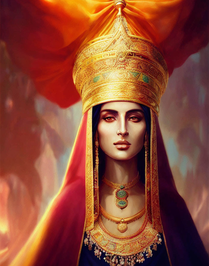 Regal woman illustration with golden headdress and jewelry