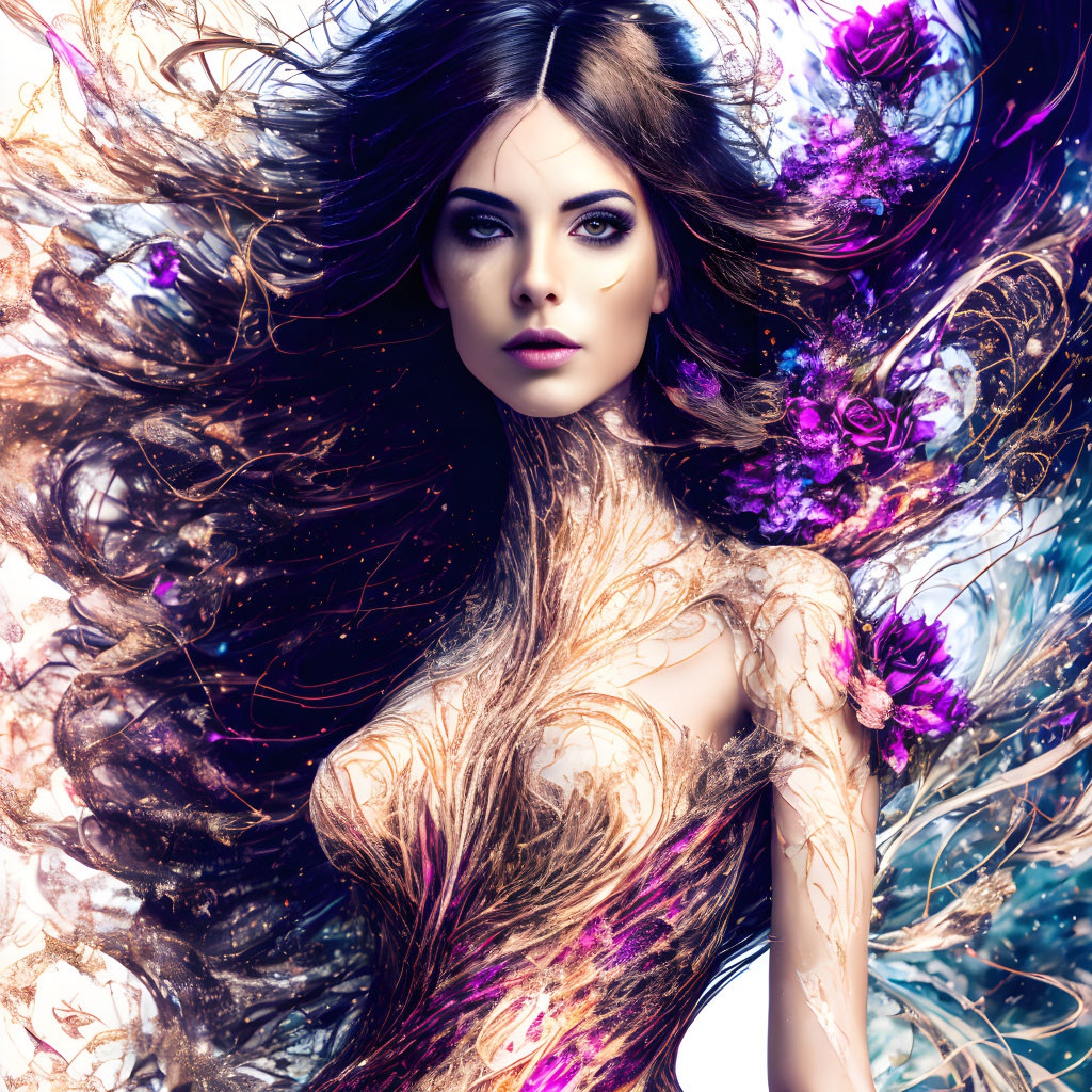 Surreal portrait of a woman with flowing hair and vibrant purple flowers