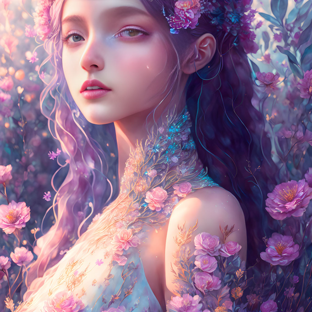 Digital Artwork: Woman with Purple Hair and Floral Dress in Whimsical Setting