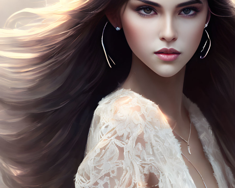 Digital artwork of woman with flowing hair and blue eyes in white lace attire and silver earrings on dreamy