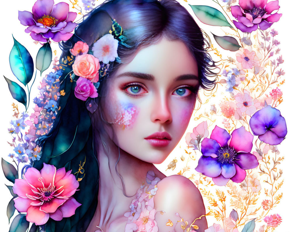 Vibrant illustration of person with blue hair and eyes amidst colorful flowers