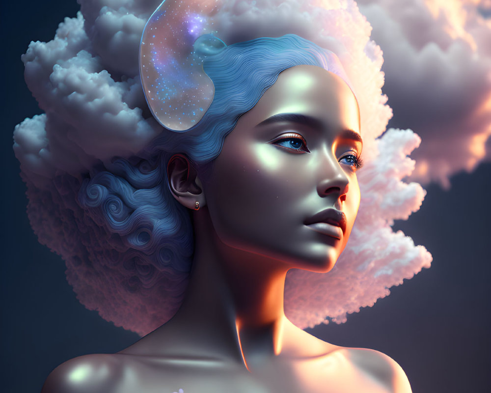 Blue-skinned woman with cosmic ear detail in pink clouds on dark background