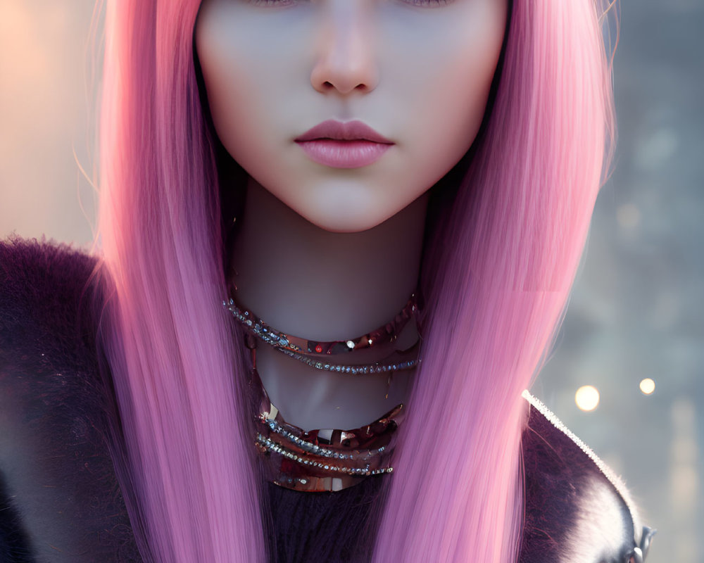 Detailed portrait of female character with long pink hair and expressive eyes in dark outfit.