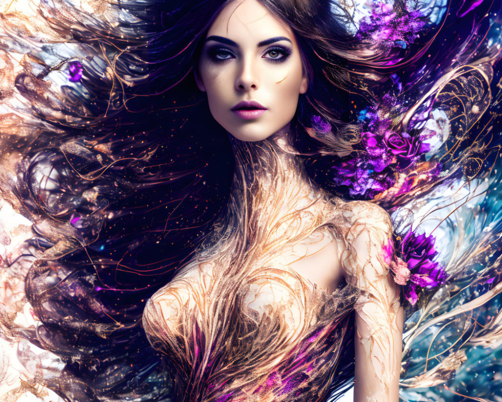 Surreal portrait of a woman with flowing hair and vibrant purple flowers