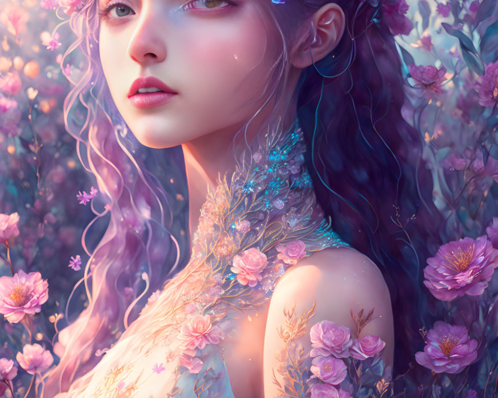 Digital Artwork: Woman with Purple Hair and Floral Dress in Whimsical Setting