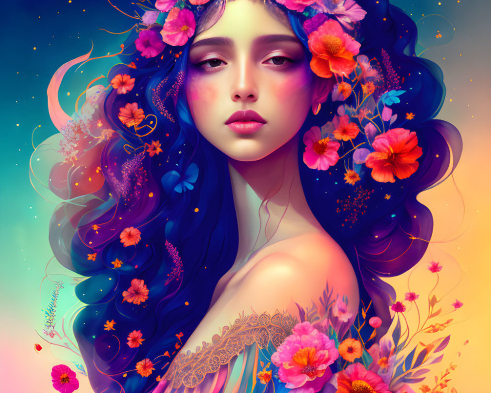 Colorful portrait of woman with floral hair in celestial setting