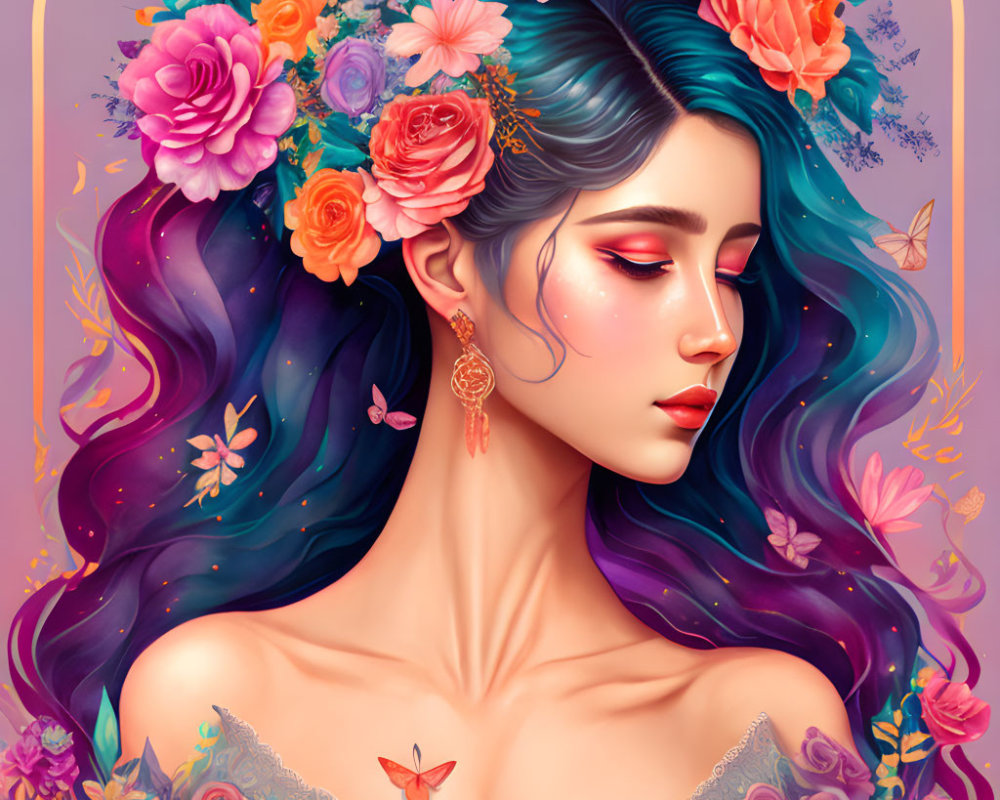 Illustrated woman with blue hair and floral adornments on a floral background