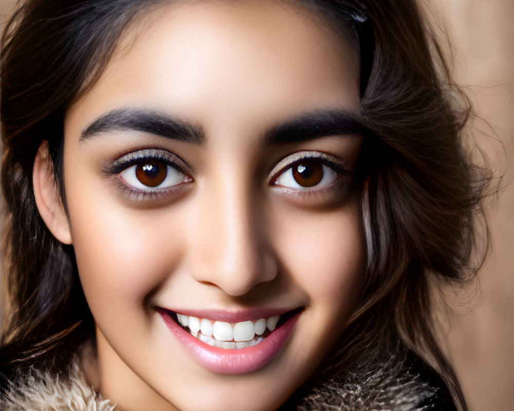 Portrait of a smiling young woman with dark hair and brown eyes wearing a fuzzy garment