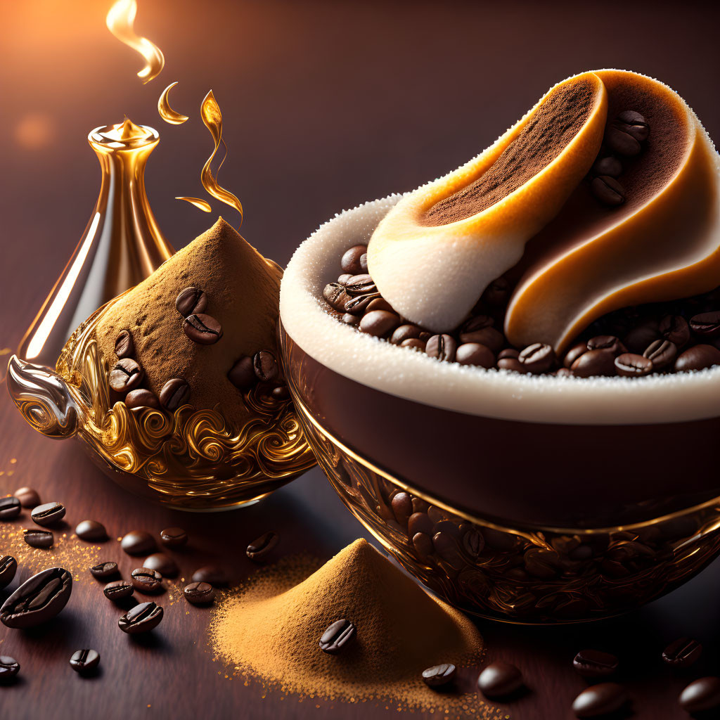 Detailed Graphic: Coffee Cup with Beans, Creamy Treat, and Pouring Liquid