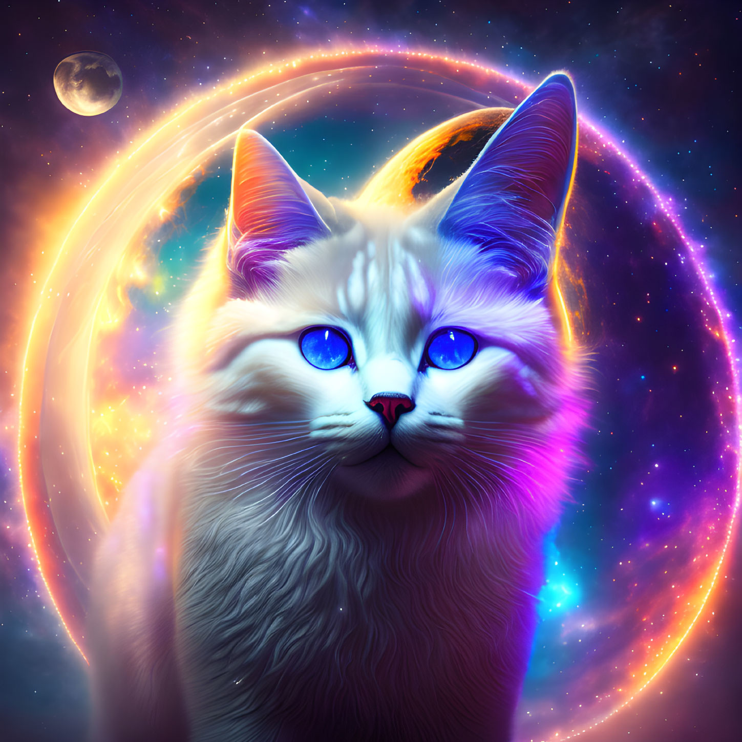 Blue-eyed cat superimposed on cosmic background with orange halo, stars, and moon