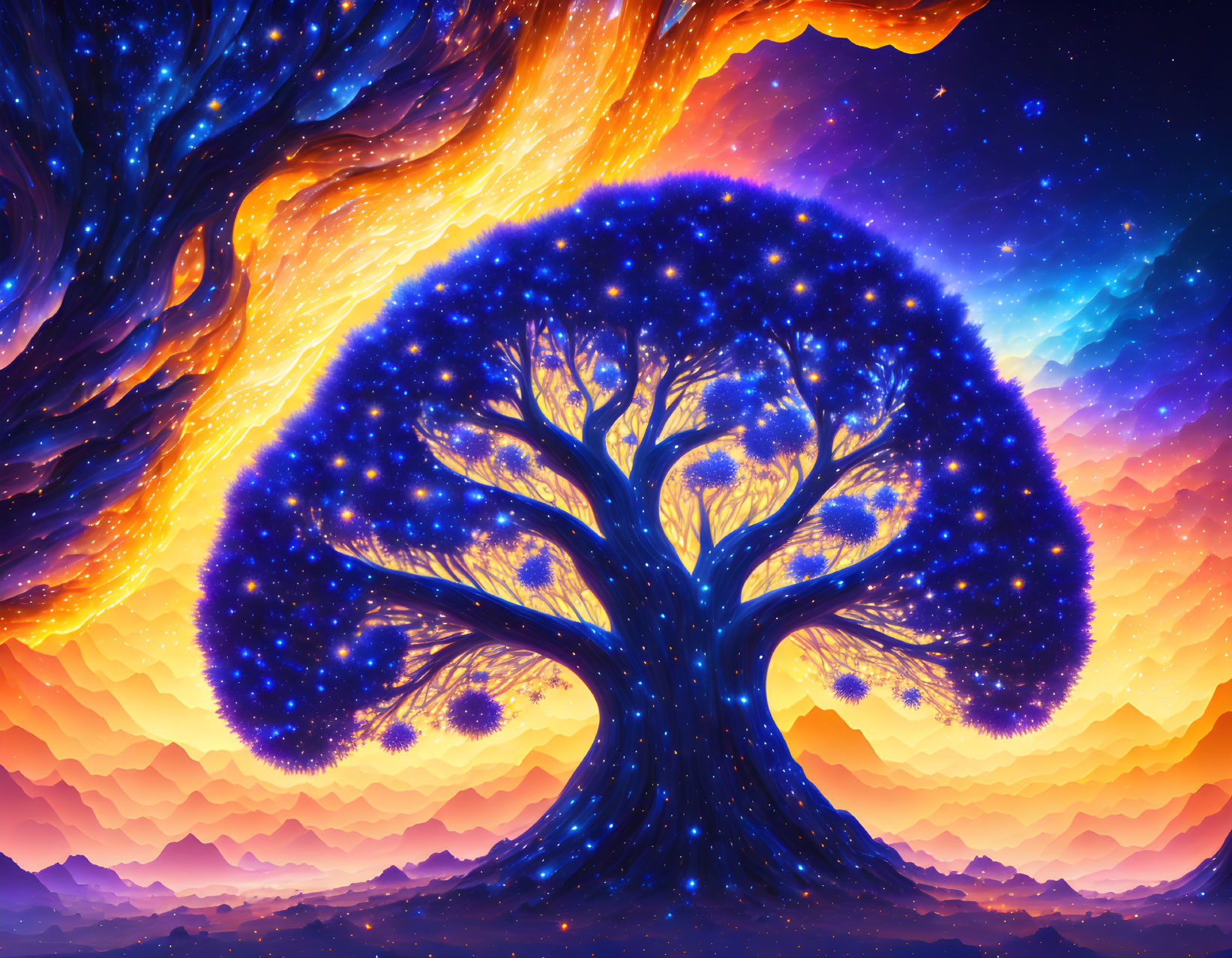 Colorful digital artwork: Galaxy tree against orange skies