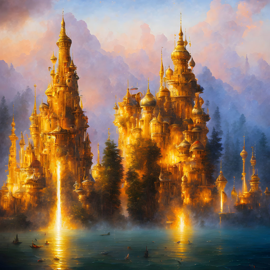 Golden castle with spires and turrets reflected on water at sunset