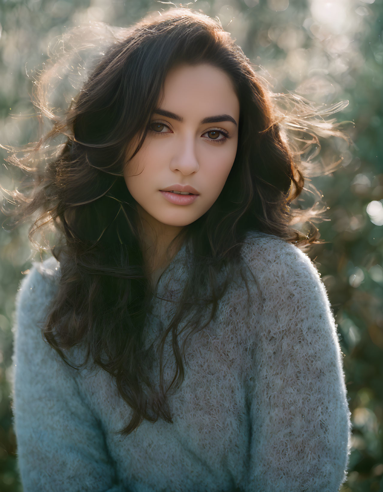 Woman portrait with dark hair and intense eyes in light sweater, blurred greenery background