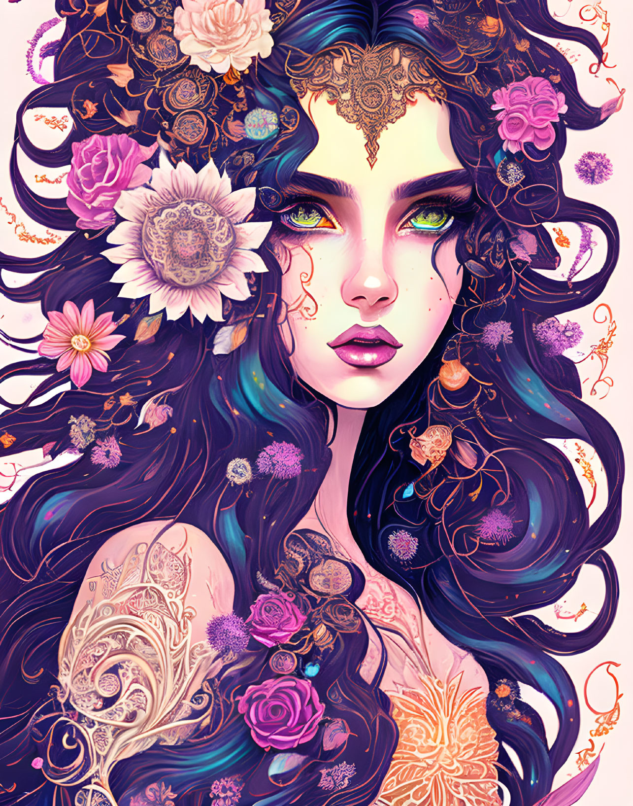 Illustrated woman with green eyes, gold and floral hair decorations, emitting a mystical vibe