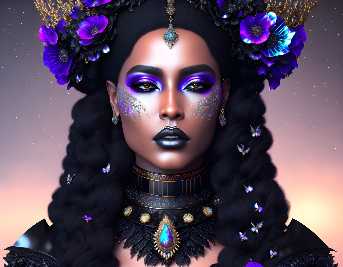 Portrait of Woman with Dark Hair, Purple Makeup, Golden and Blue Jewelry, and Floral Accents on