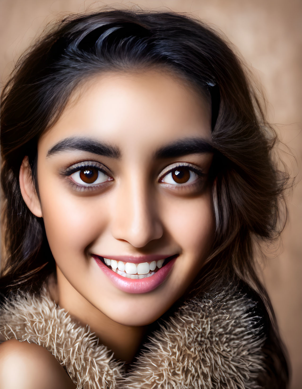 Portrait of a smiling young woman with dark hair and brown eyes wearing a fuzzy garment