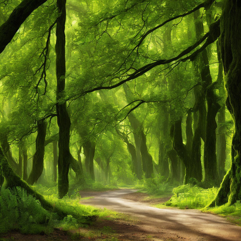 Tranquil Forest Path with Lush Green Trees and Sunlight Glow