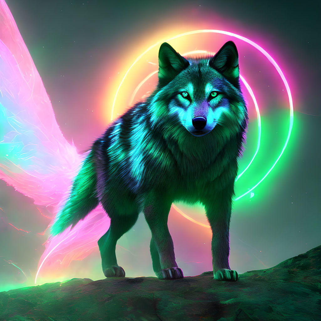 Colorful Wolf Artwork with Glowing Eyes and Neon Cosmic Background