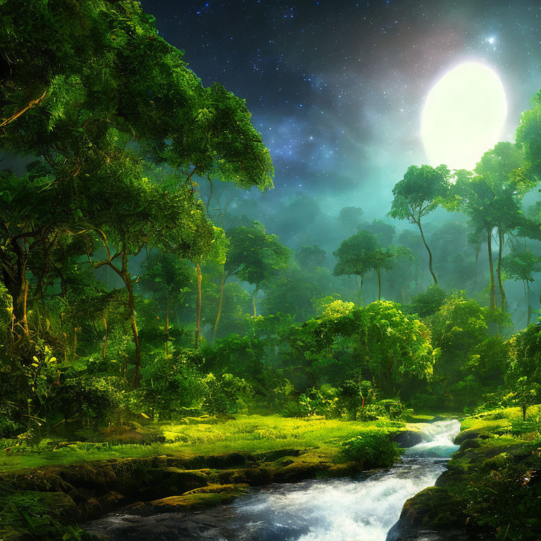 Tranquil Night Landscape with Moon, Stars, Forest, and Stream