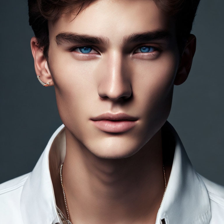 Young man portrait with blue eyes and white shirt, featuring chain necklace.