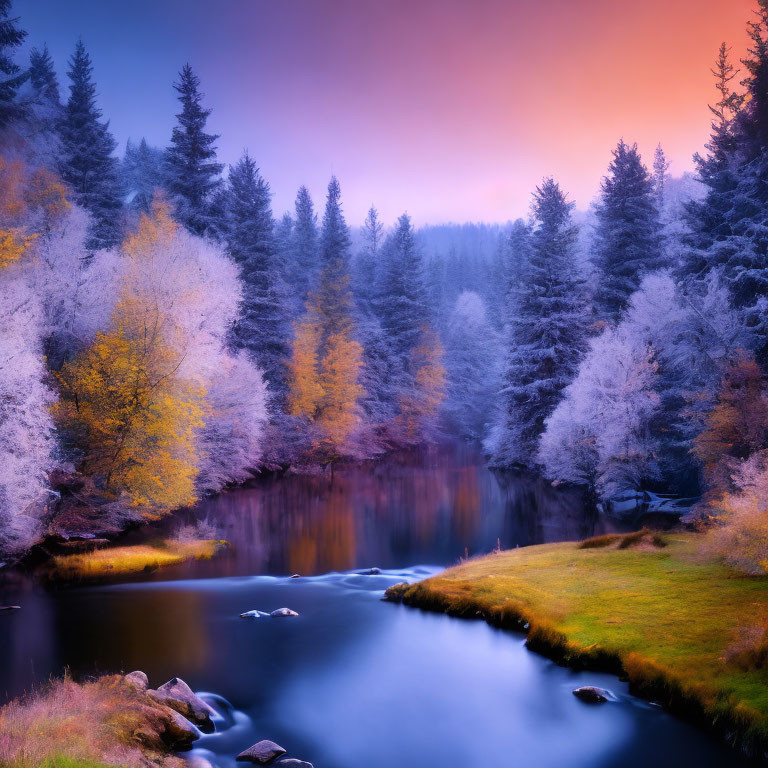 Frost-kissed forest river at dusk with autumn colors