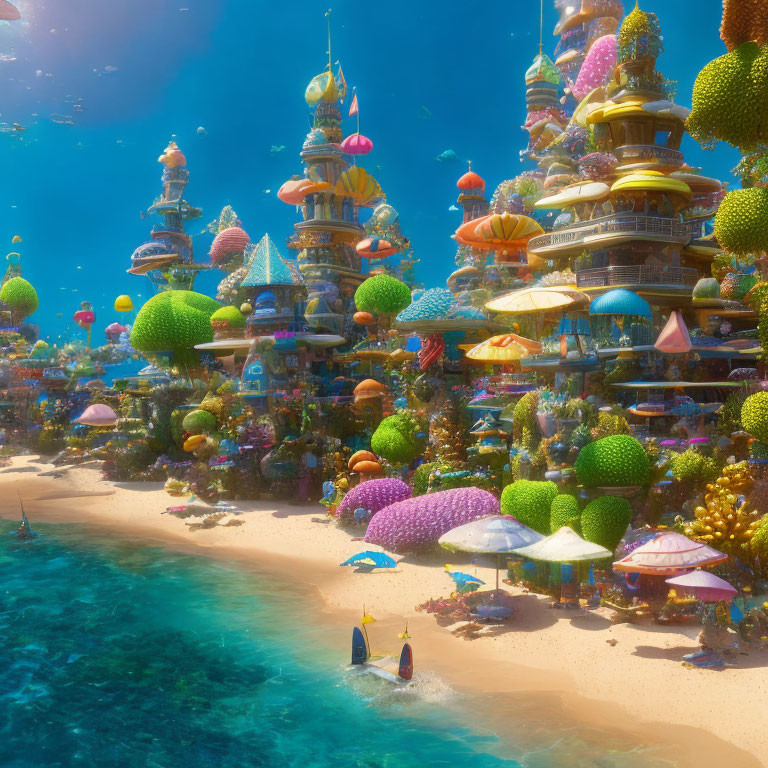 Colorful Underwater City with Diverse Corals and Swimmers