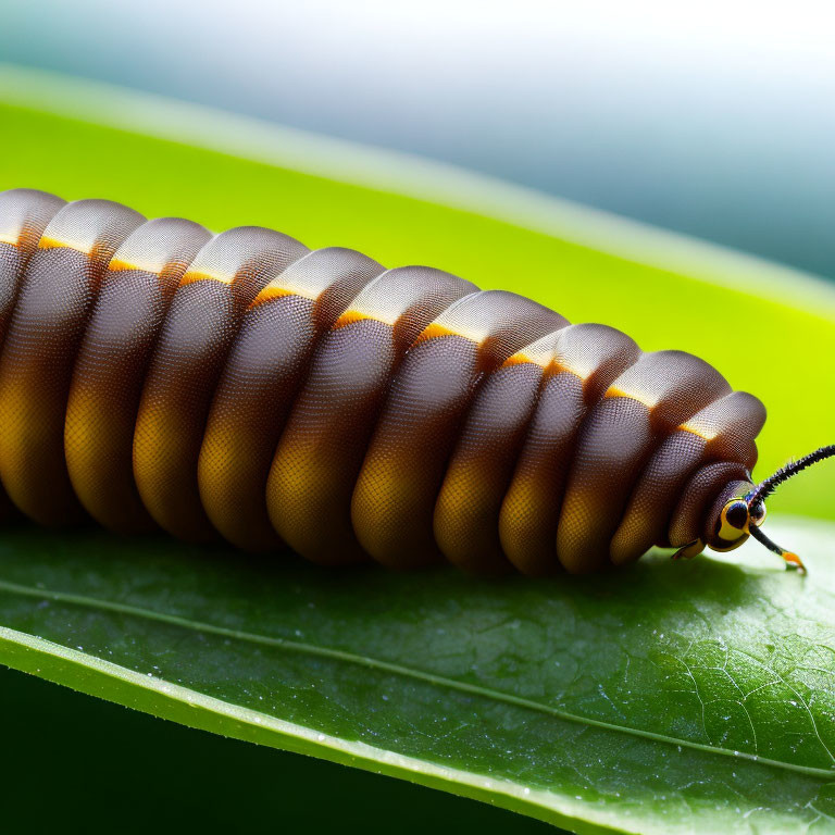 Segmented millipede with shiny brown exoskeleton on green leaf