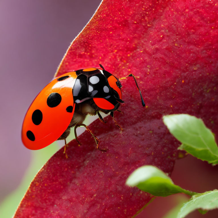 Red ladybug with black spots on red leaf against purple background