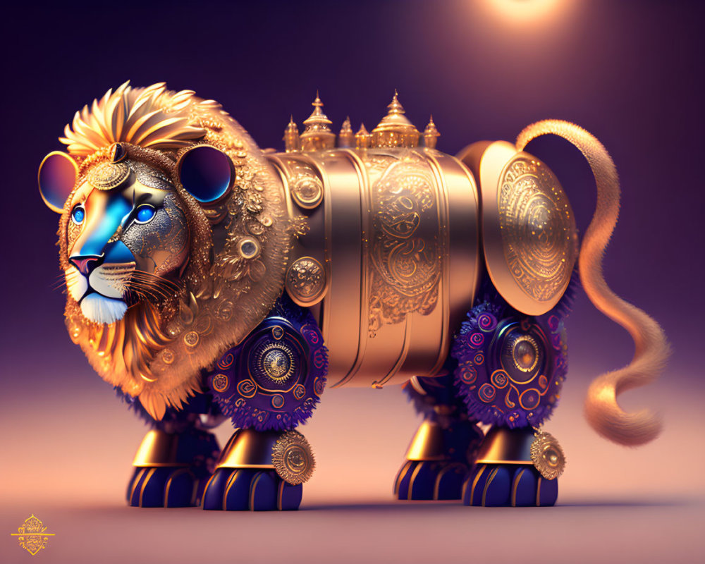 Ornate lion sculpture with golden designs on purple background