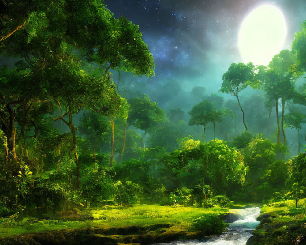 Tranquil Night Landscape with Moon, Stars, Forest, and Stream