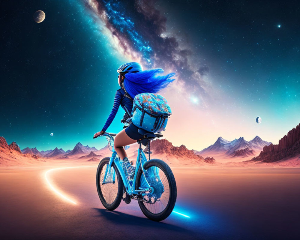 Blue-haired cyclist on desert road under surreal cosmic sky