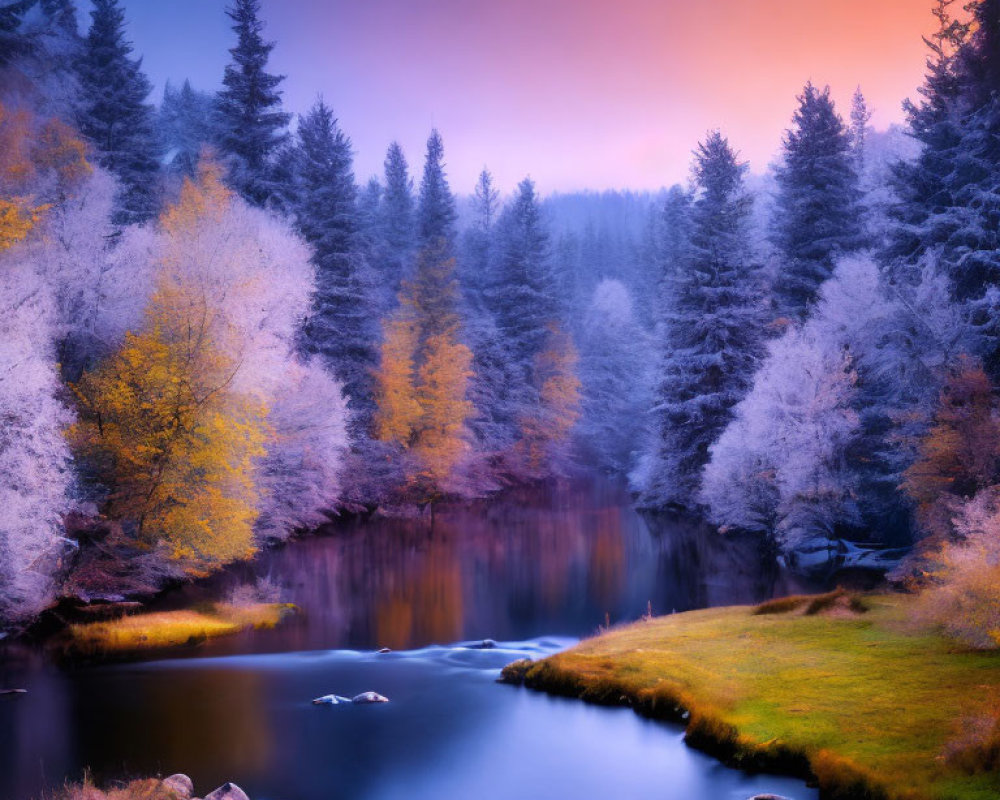 Frost-kissed forest river at dusk with autumn colors