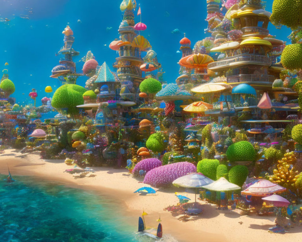 Colorful Underwater City with Diverse Corals and Swimmers