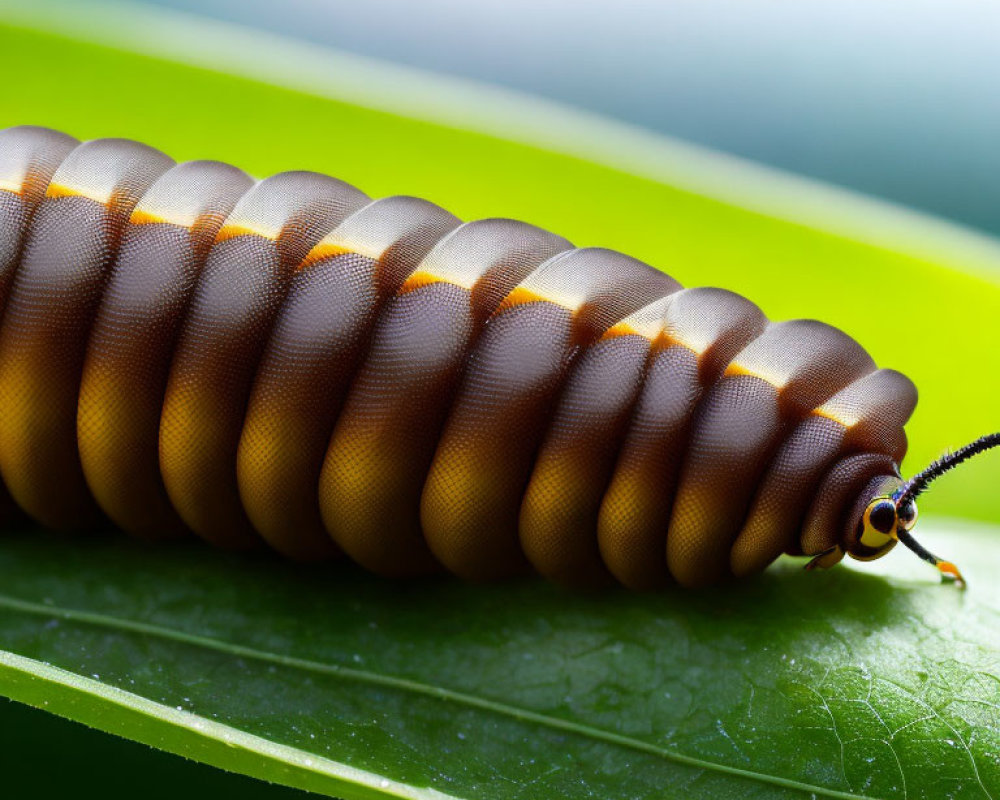 Segmented millipede with shiny brown exoskeleton on green leaf