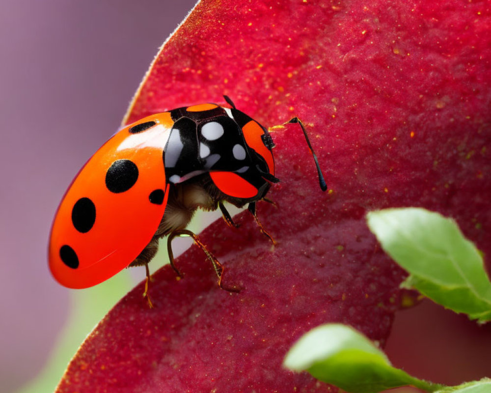 Red ladybug with black spots on red leaf against purple background