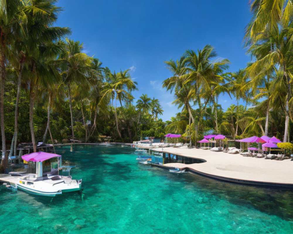 Scenic Tropical Beach with Palm Trees and Boats