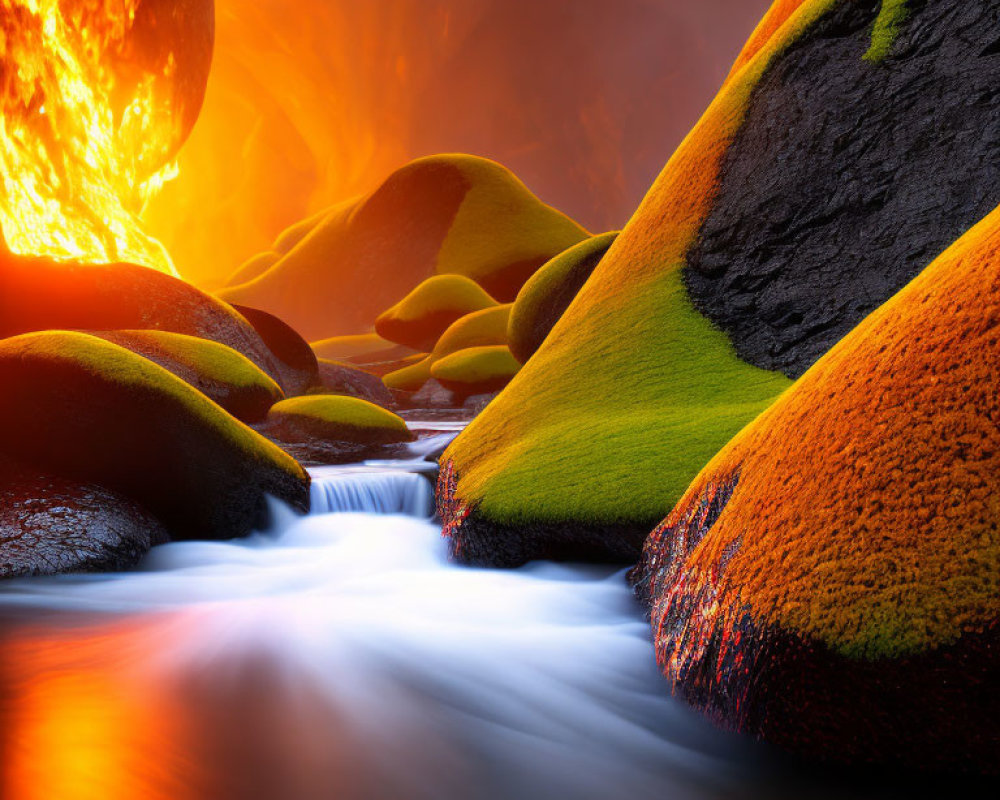 Scenic river landscape with glowing orb, lava, and moss-covered stones