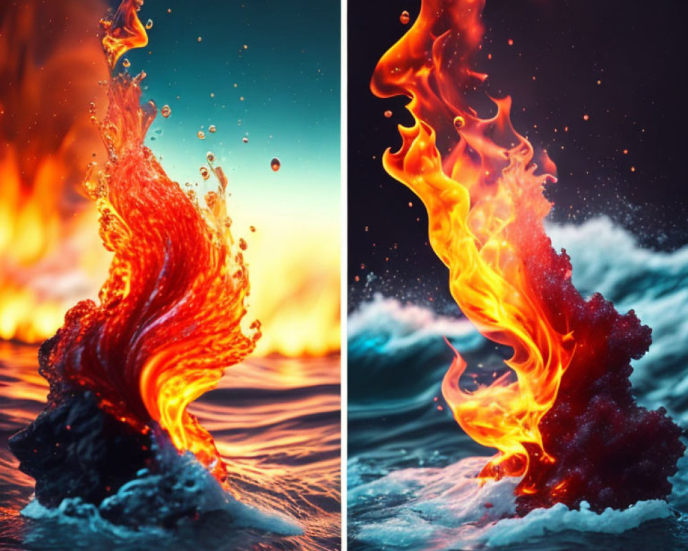 Dynamic Diptych: Fiery Lava Erupting from Blue Water