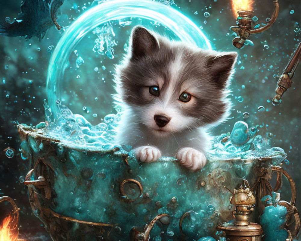 Fluffy puppy peeking out of magical cauldron with dragon and mystical orbs