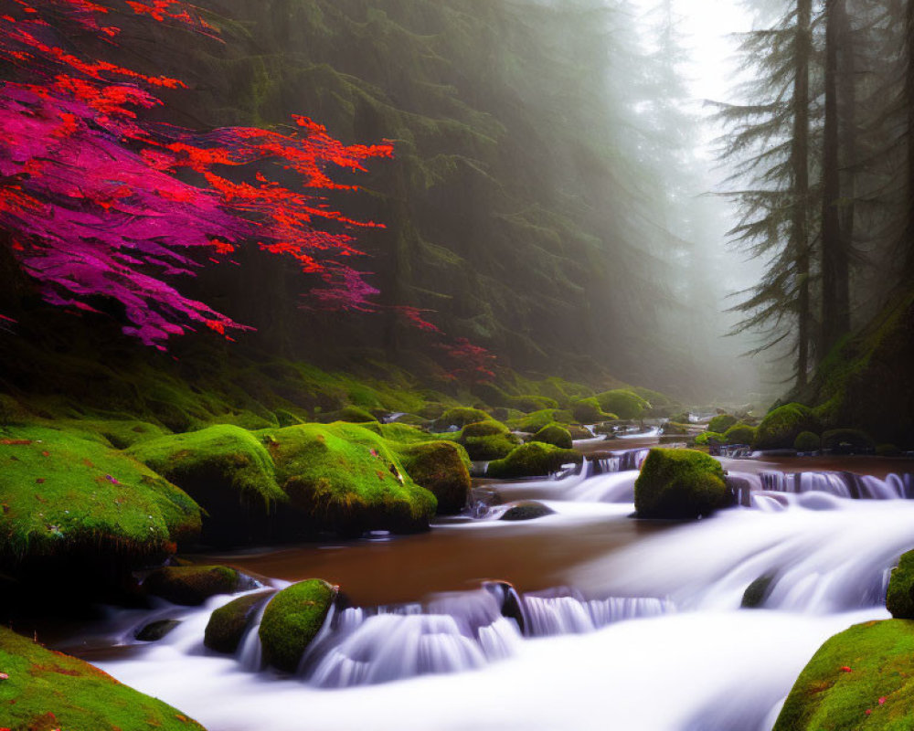 Tranquil stream in misty forest with moss-covered rocks and red tree