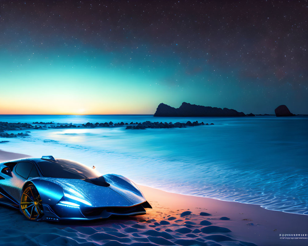 Luxury sports car parked on serene beach at twilight