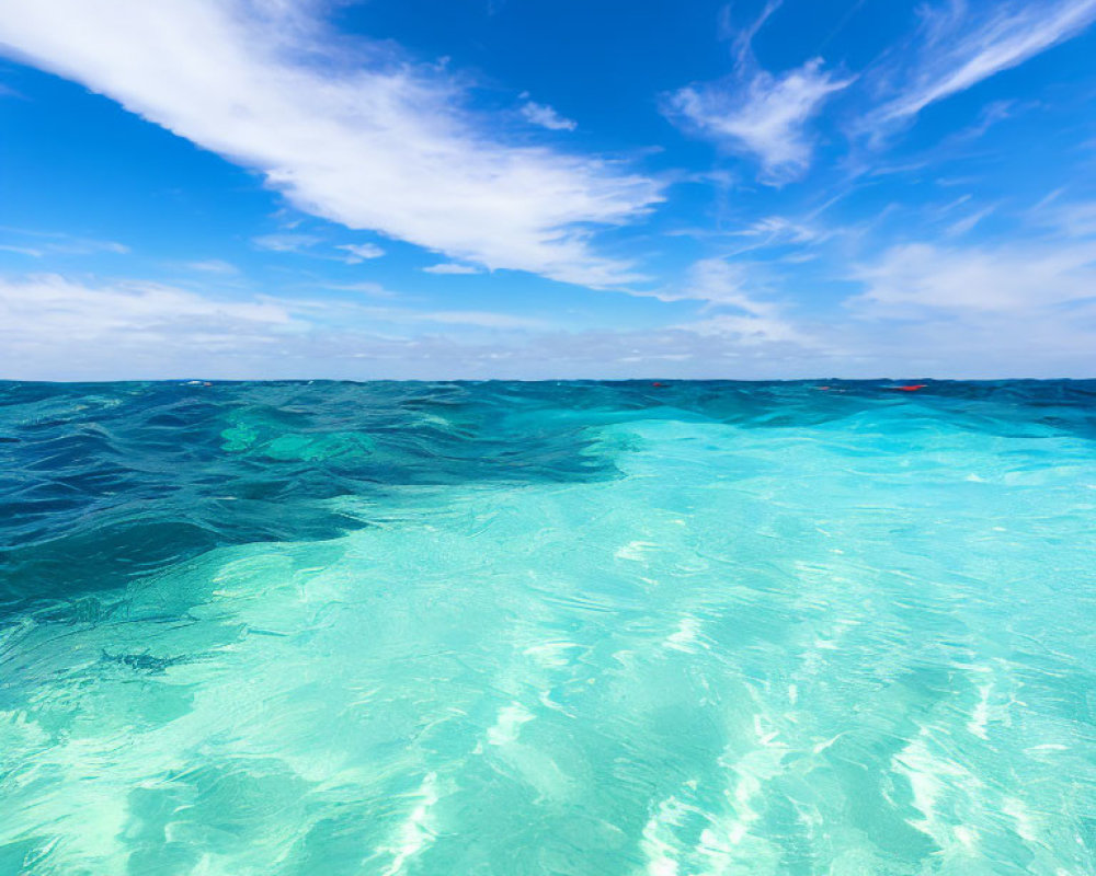 Gradient of turquoise ocean water under blue sky with sparse clouds.