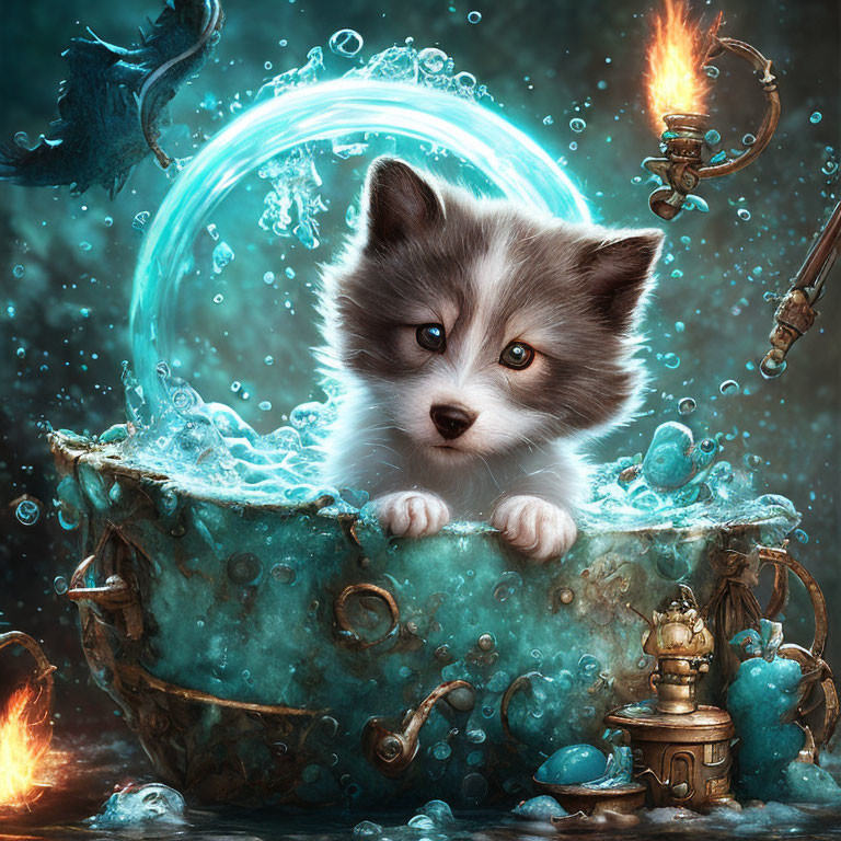 Fluffy puppy peeking out of magical cauldron with dragon and mystical orbs