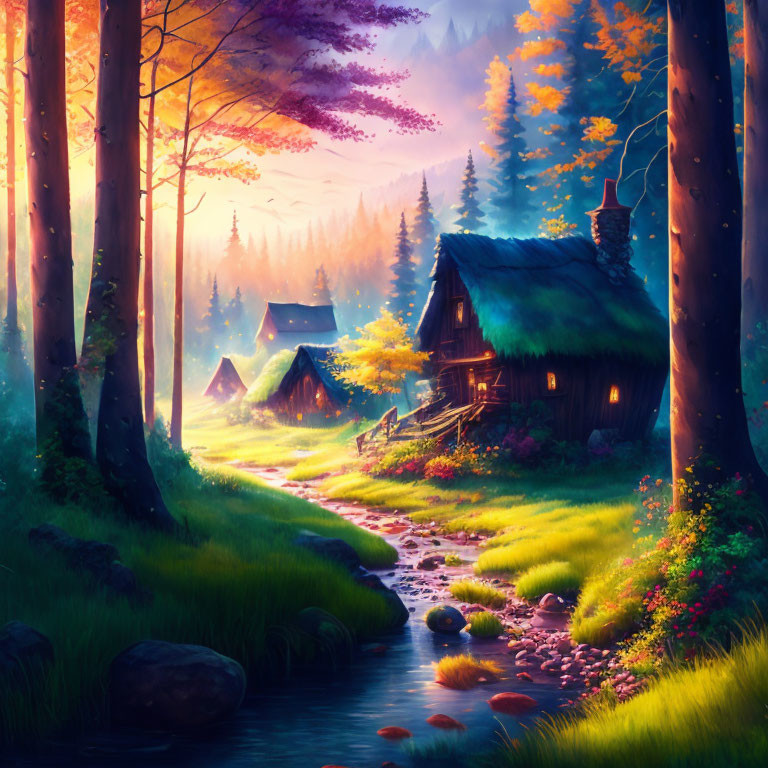 Tranquil fantasy forest scene with stream, cabin, and autumn trees