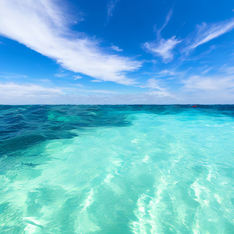 Gradient of turquoise ocean water under blue sky with sparse clouds.