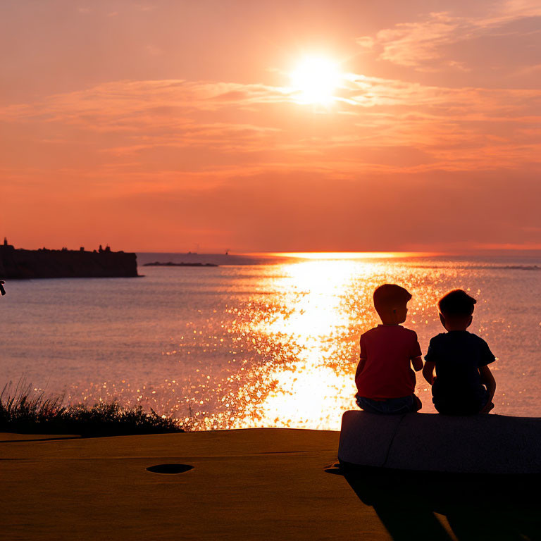 Children enjoying scenic sunset by water's edge