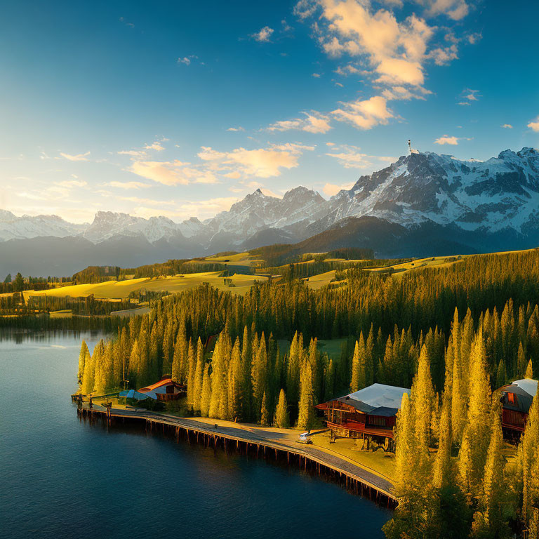 Tranquil lake with dock, houses, trees, mountains, and sunset