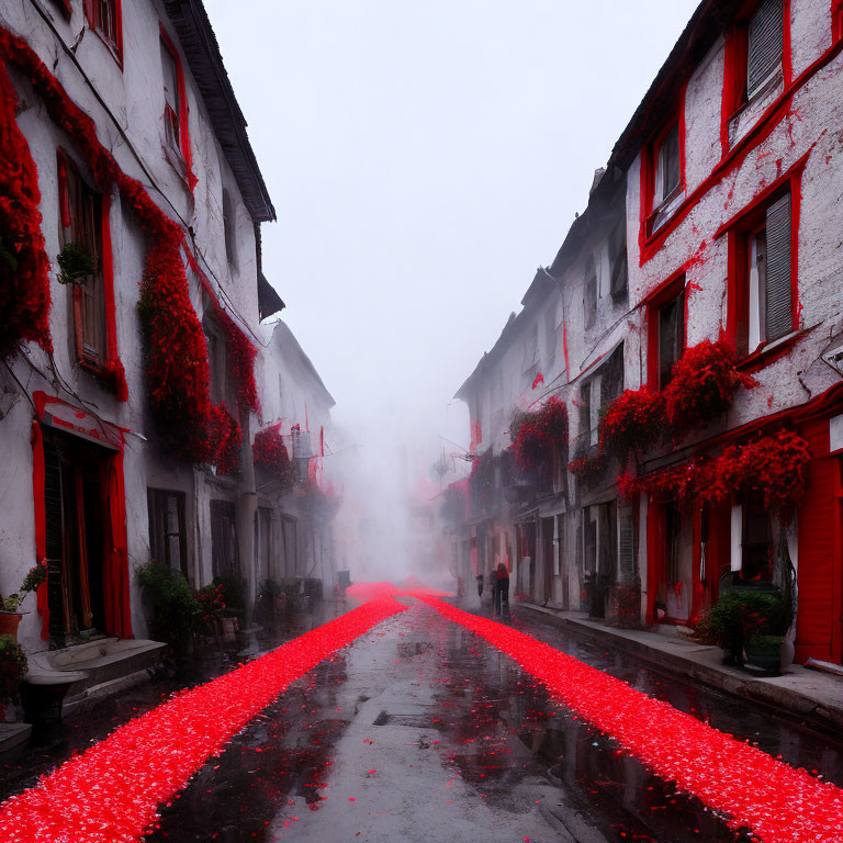 Traditional street with red carpet and chili pepper adorned buildings