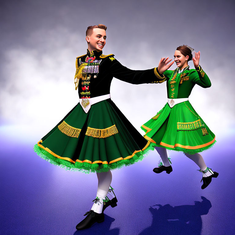 Animated characters in traditional Irish dance costumes smiling and dancing